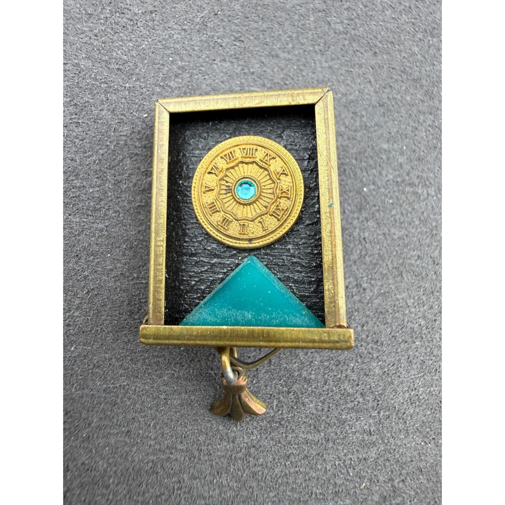 Gould Signed Brooch Mixed Media Shadowbox Teal Pyramid Roman Numeral Retro 80s